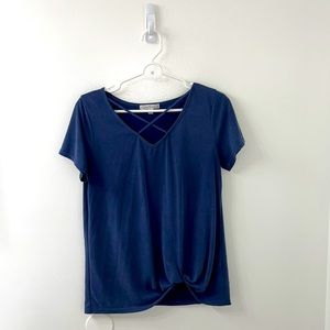 Criss Cross Solid Blue Tee w/ Twisted Front Knot 
Size M